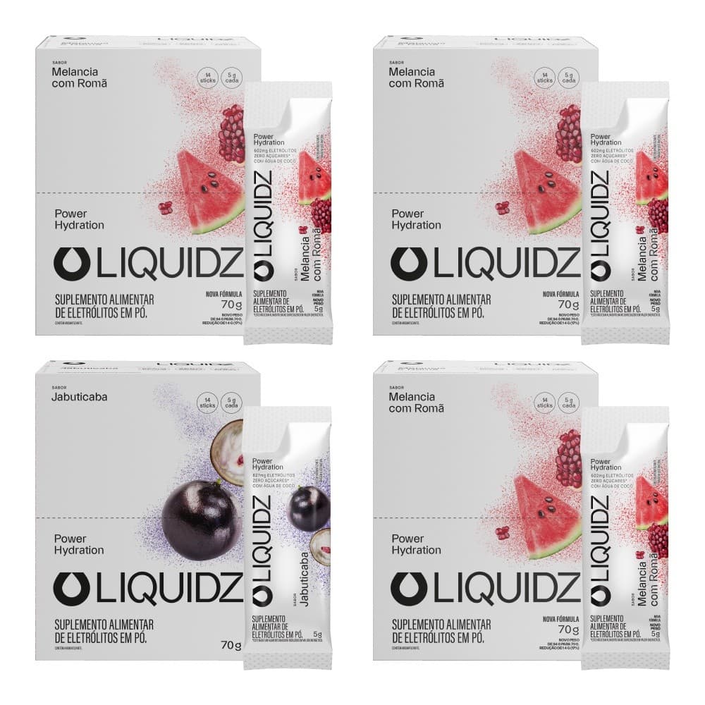 LIQUIDZ® - Eletrólitos Zero Açúcares - Jabuticaba | Melancia - Kit 4 Caixas - 56 sachês