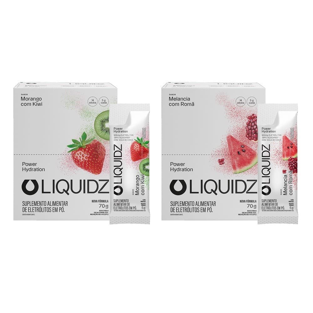 LIQUIDZ® - Eletrólitos Zero Açúcares - Morango | Melancia - Kit 2 Caixas - 28 sachês