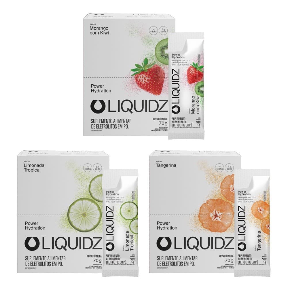 LIQUIDZ® - Eletrólitos Zero Açúcares - 3 Sabores - Kit 3 Caixas - 42 sachês