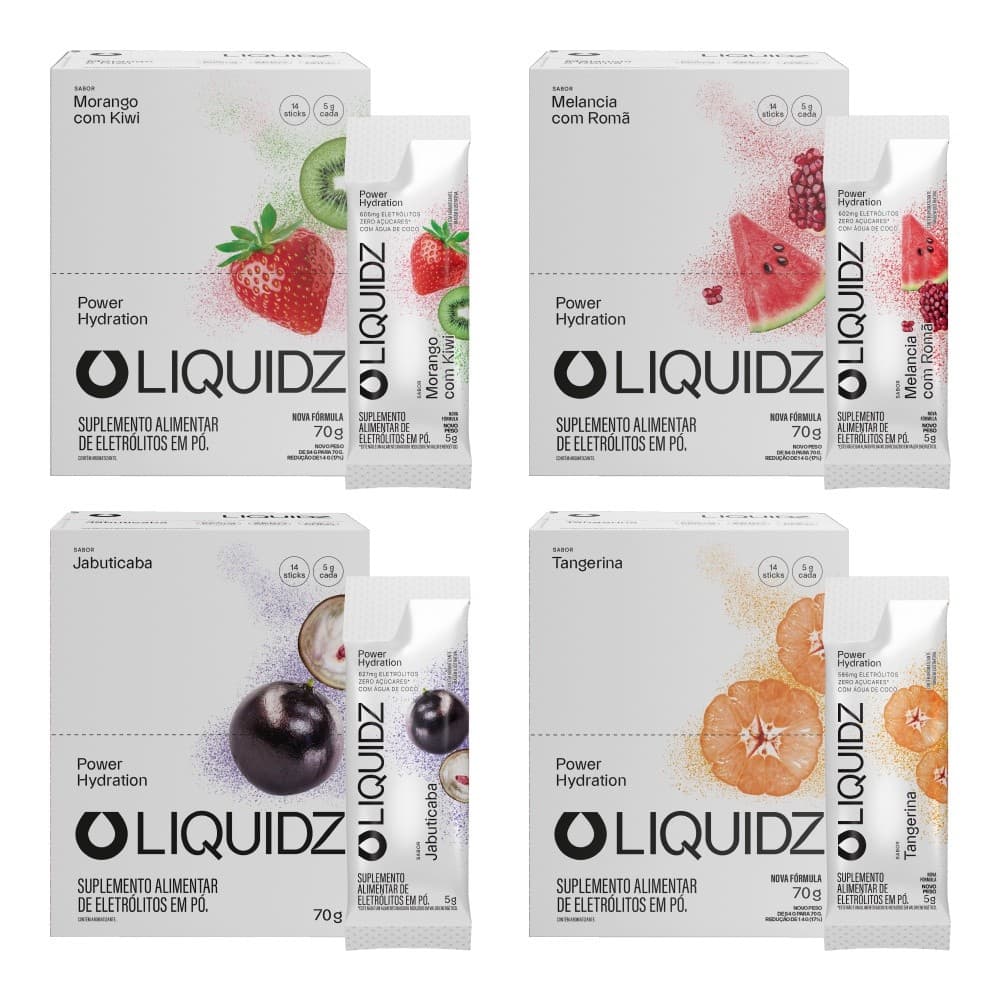 LIQUIDZ® - Eletrólitos Zero Açúcares - 4 Sabores - Kit 4 Caixas  56 sachês