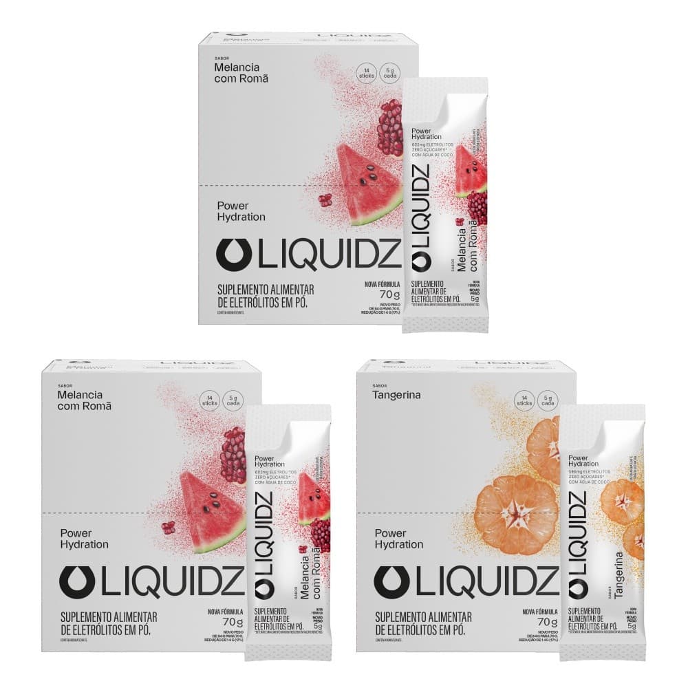 LIQUIDZ® - Eletrólitos Zero Açúcares - Melancia | Tangerina - Kit 3 Caixas - 42 sachês