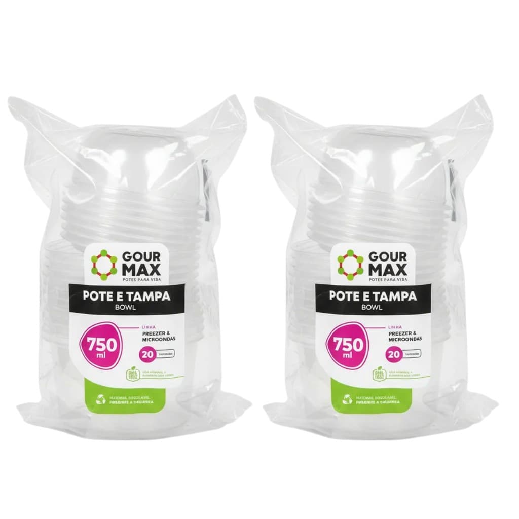 Kit Potes Bowl Redondo Descartáveis 750ml 40un Freezer e Micro-ondas Tampa Hermética Ideal Marmita Delivery Restaurante