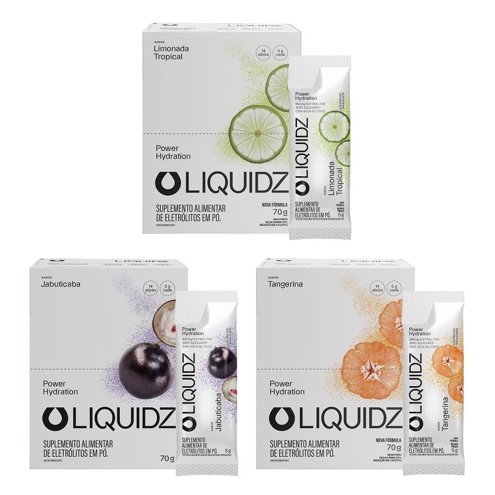 LIQUIDZ® - Eletrólitos Zero Açúcares - 3 Sabores - Kit 3 Caixas - 42 sachês