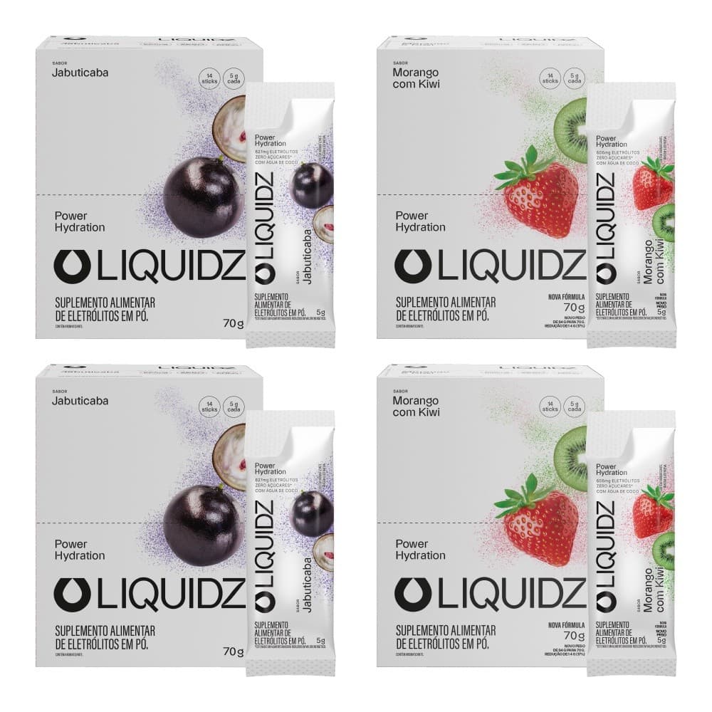 LIQUIDZ® - Eletrólitos Zero Açúcares - Jabuticaba | Morango - Kit 4 Caixas - 56 sachês