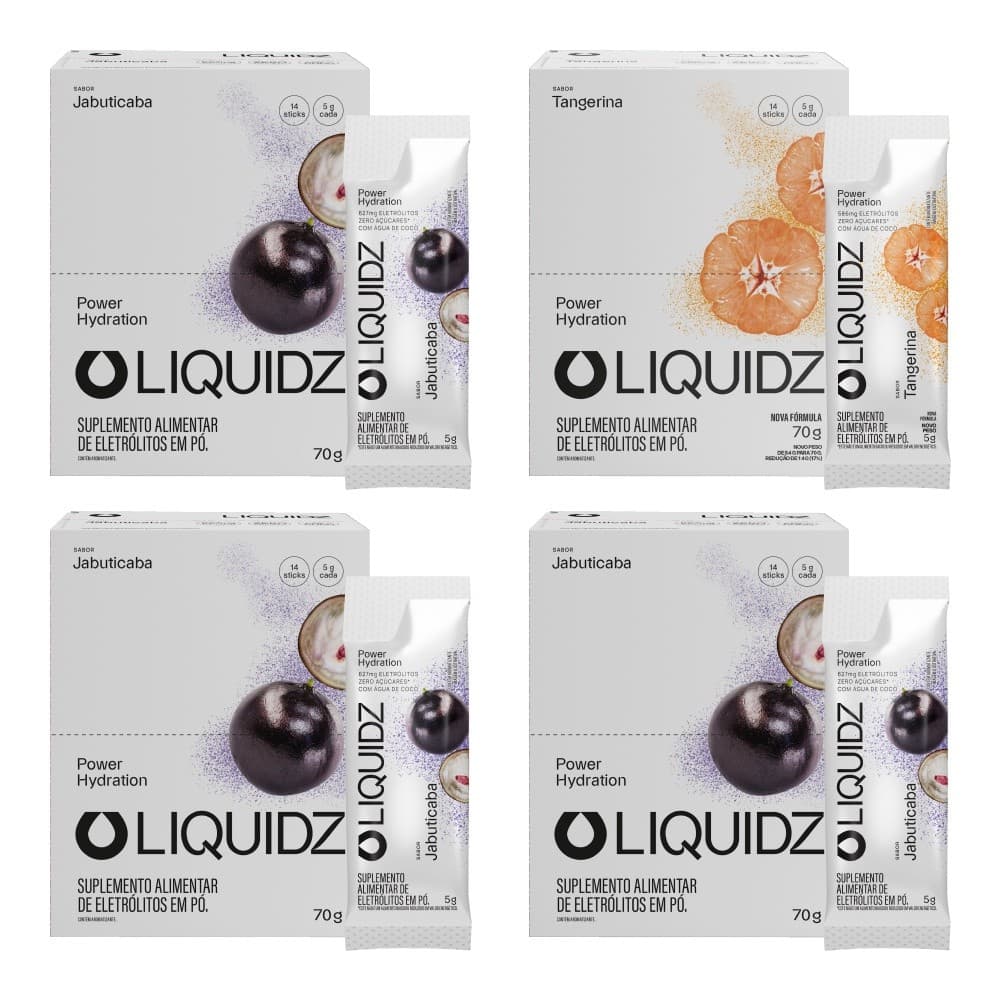 LIQUIDZ® - Eletrólitos Zero Açúcares - Jabuticaba | Tangerina- Kit 4 Caixas - 56 sachês