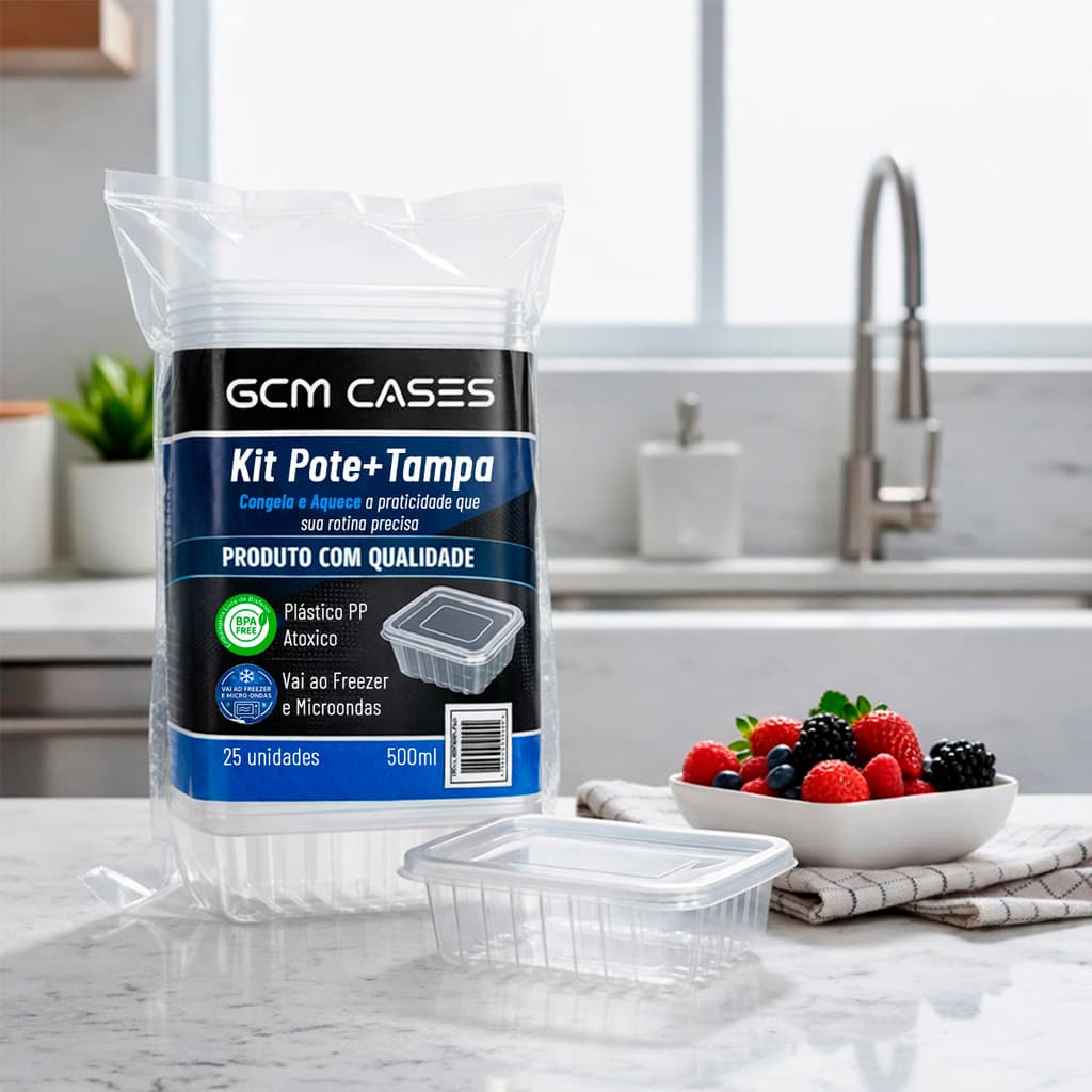 Pote C/ Tampa Marmita 500ml Microondas/ Freezer Fitness 25 ou 100 Unid Transparentes | Pp Atóxico