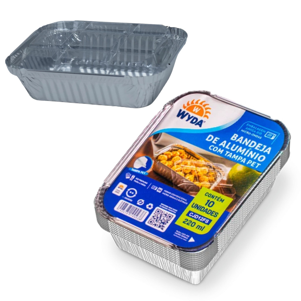 50Un Bandeja Marmita Alumínio 220ml Com Tampa Pet Retangular D12FS Marmitinha Fitness - Wyda