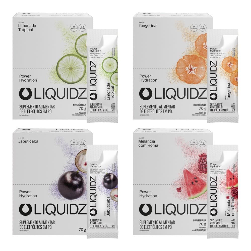 LIQUIDZ® - Eletrólitos Zero Açúcares - 4 Sabores - Kit 4 Caixas - 56 sachês