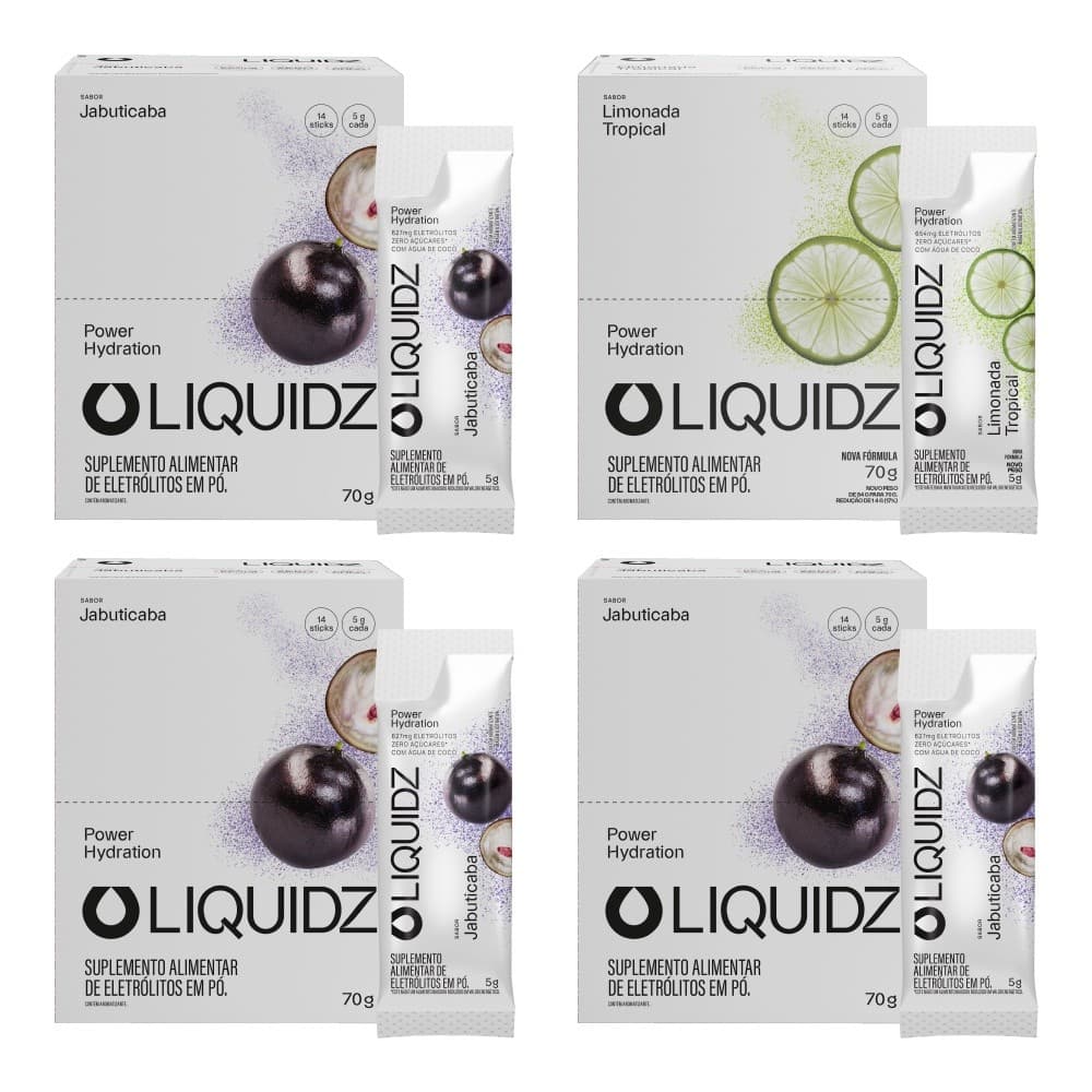 LIQUIDZ® - Eletrólitos Zero Açúcares - Jabuticaba | Limonada - Kit 4 Caixas - 56 sachês