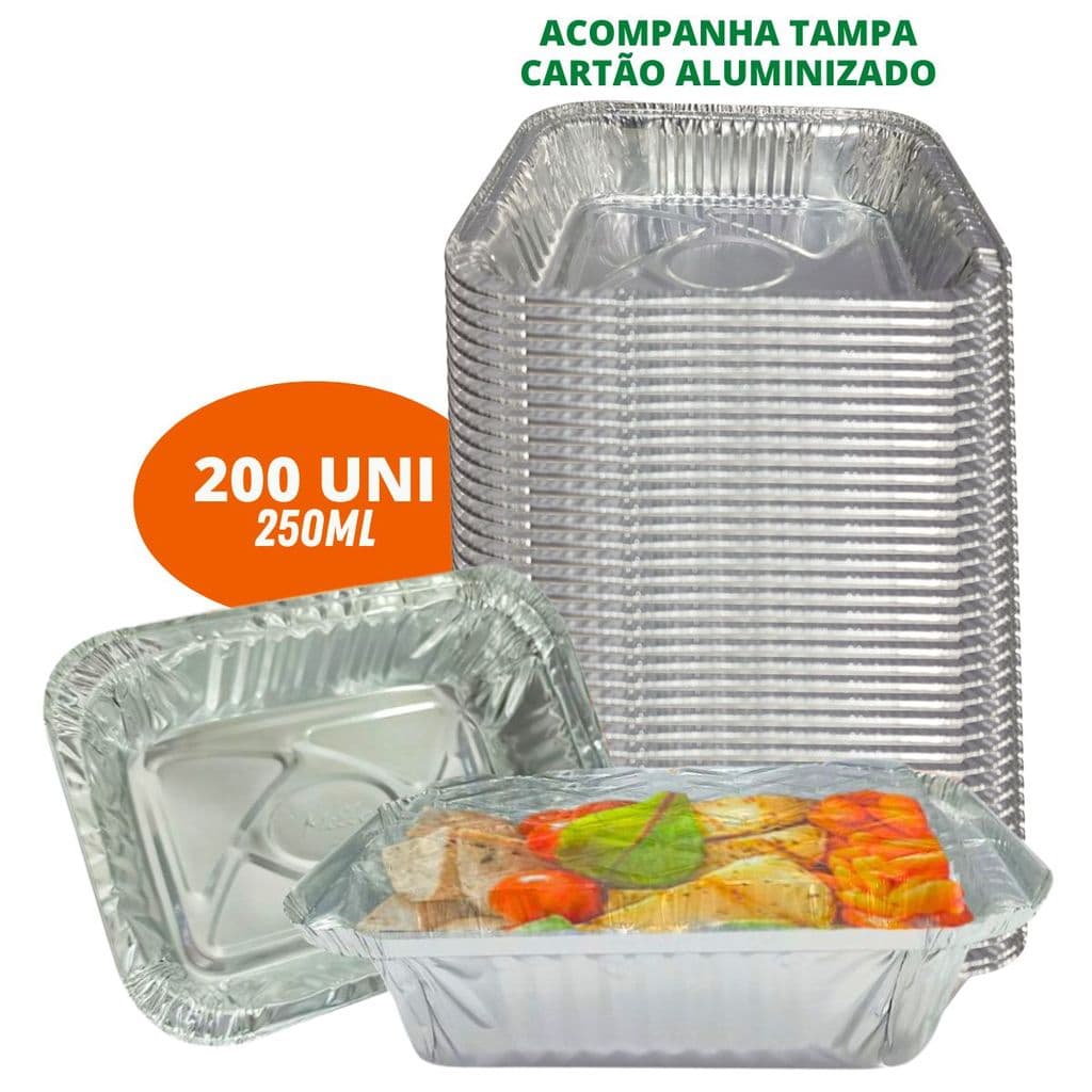 Kit 200 Unidades Bandeja Marmita De Alumínio Descartável Retangular 250 Ml
