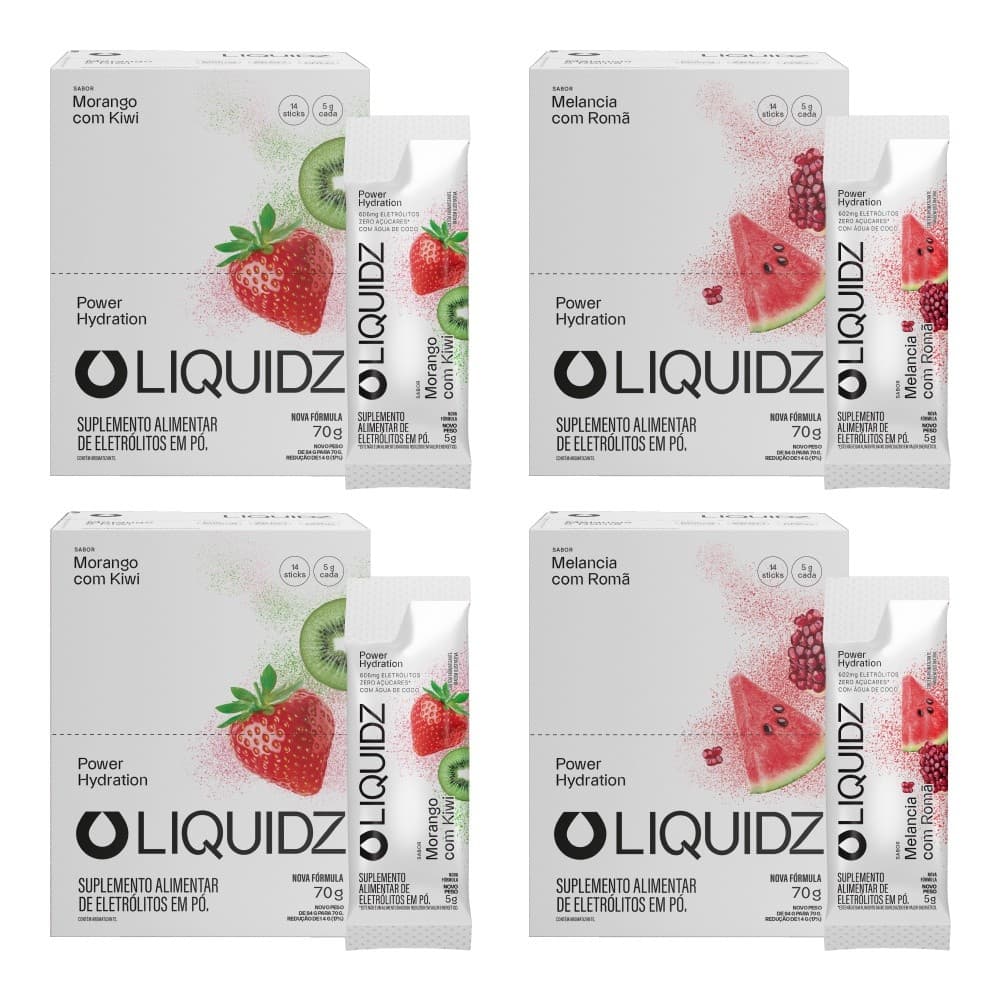 LIQUIDZ® - Eletrólitos Zero Açúcares - Morango e Melancia - Kit 4 Caixas - 56 sachês
