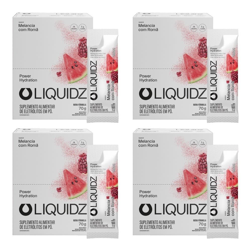 LIQUIDZ® - Eletrólitos Zero Açúcares Melancia com Romã - Kit 4 Caixas - 56 sachês
