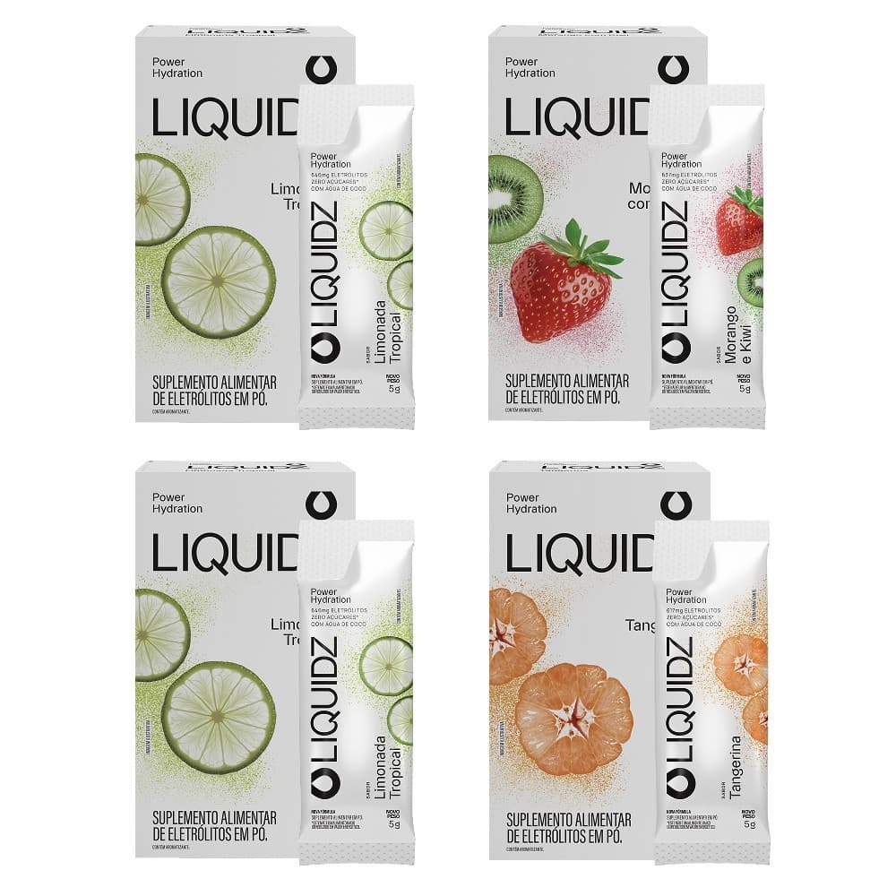 LIQUIDZ® - Eletrólitos Zero Açúcares - 3 Sabores - Kit 4 Caixas - 24 sachês
