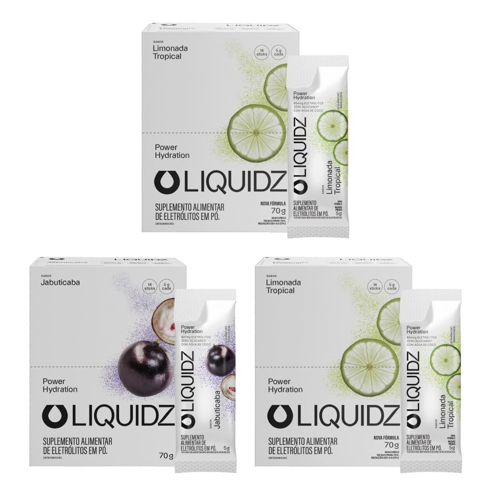 LIQUIDZ® - Eletrólitos Zero Açúcares - Limonada | Jabuticaba- Kit 3 Caixas - 42 sachês