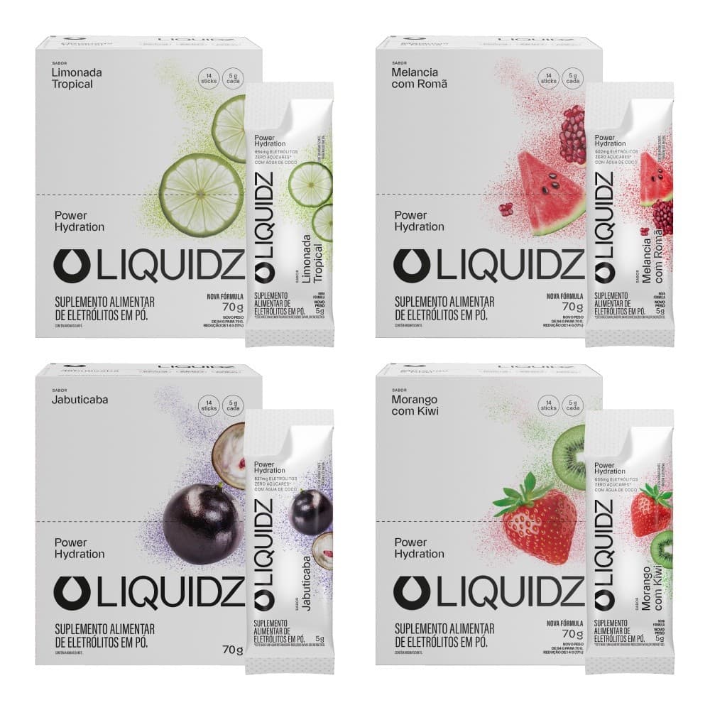 LIQUIDZ® - Eletrólitos Zero Açúcares  4 Sabores - Kit 4 Caixas  56 sachês