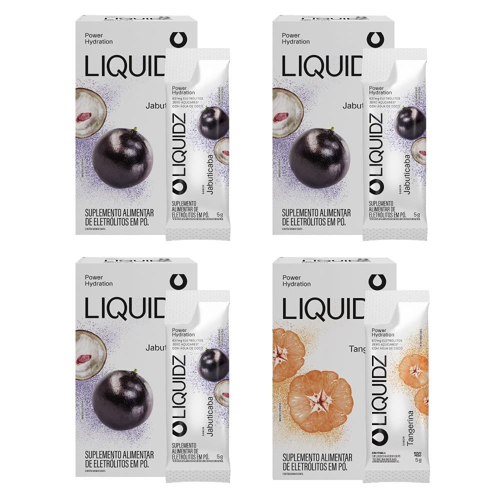 LIQUIDZ® - Eletrólitos Zero Açúcares - Tangerina | Jabuticaba - Kit 4 Caixas - 24 sachês