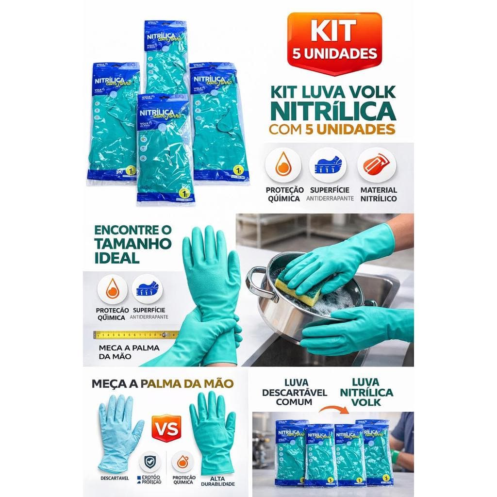 Kit Luva Nitrílica Verde COM FORRO Louça Cozinha Limpeza Produto Químico Antialergica / VOLK Ca 16313