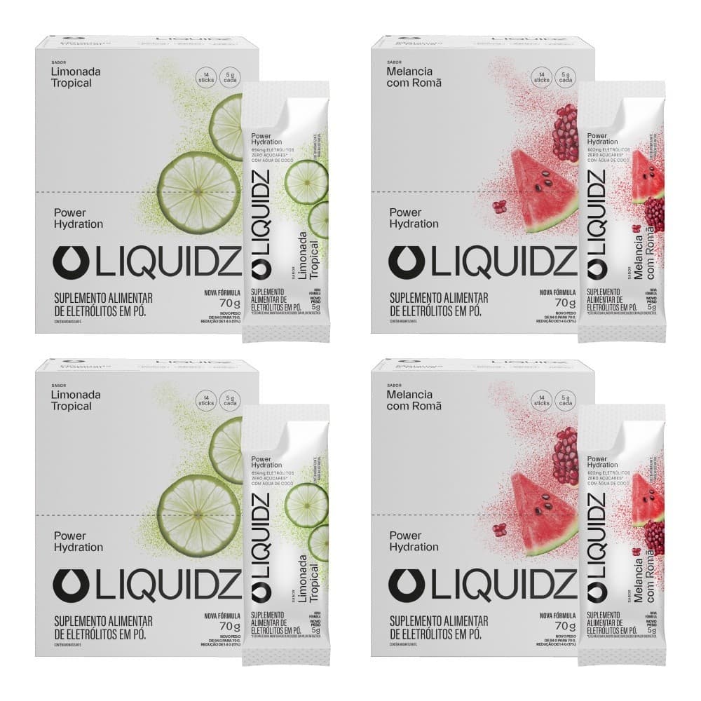 LIQUIDZ® - Eletrólitos Zero Açúcares - Limonada|Melancia - Kit 4 Caixas - 56 sachês