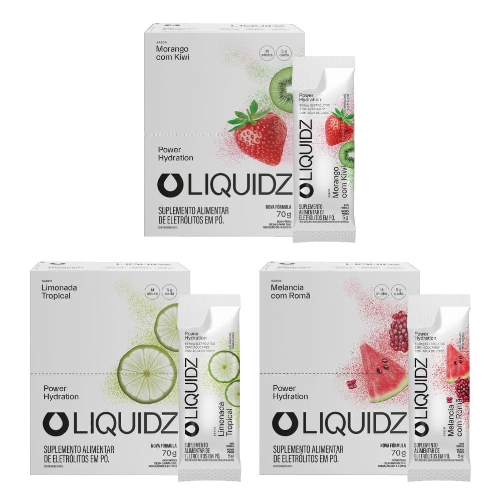 LIQUIDZ® - Eletrólitos Zero Açúcares - 3 Sabores - Kit 3 Caixas - 42 sachês