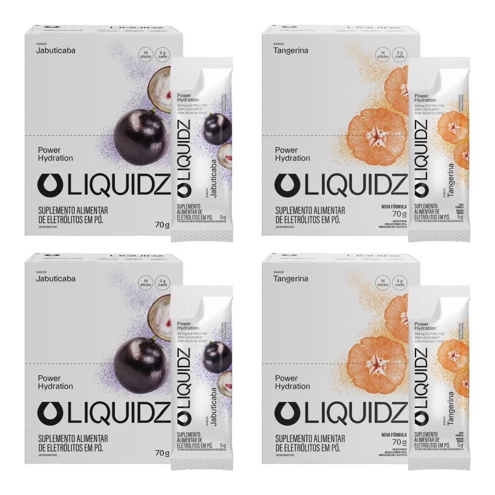 LIQUIDZ® - Eletrólitos Zero Açúcares - Tangerina | Jabuticaba - Kit 4 Caixas - 56 sachês