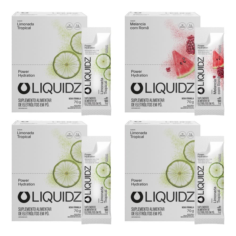LIQUIDZ® - Eletrólitos Zero Açúcares - Limonada | Melancia- Kit 4 Caixas - 56 sachês