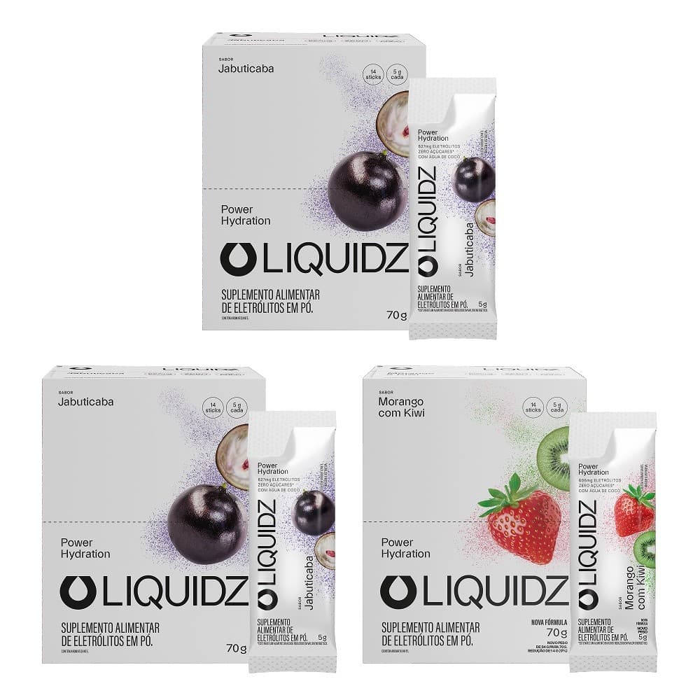 LIQUIDZ® - Eletrólitos Zero Açúcares - Jabuticaba | Morango - Kit 3 Caixas - 42 sachês