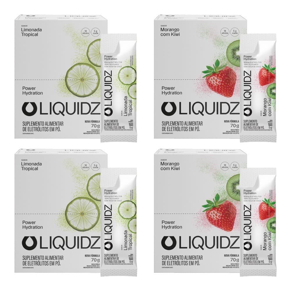 LIQUIDZ® - Eletrólitos Zero Açúcares - Morango | Limonada - Kit 4 Caixas  56 sachês