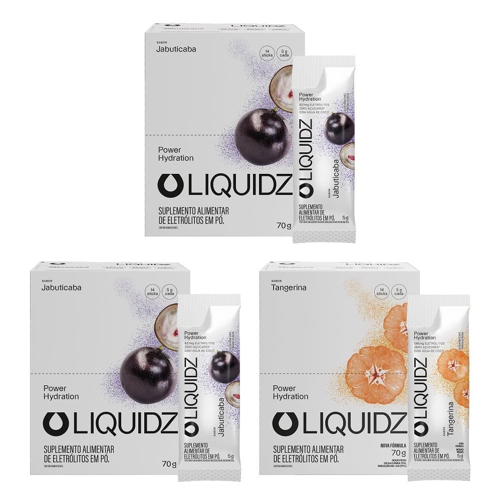 LIQUIDZ® - Eletrólitos Zero Açúcares - Jabuticaba | Tangerina - Kit 3 Caixas - 42 sachês