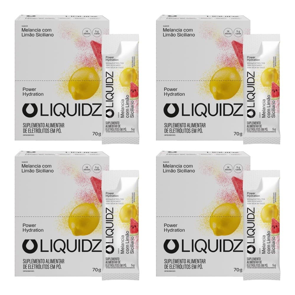 LIQUIDZ® - Eletrólitos Zero Açúcares - Limão Siciliano - Kit 4 Caixas - 56 sachês