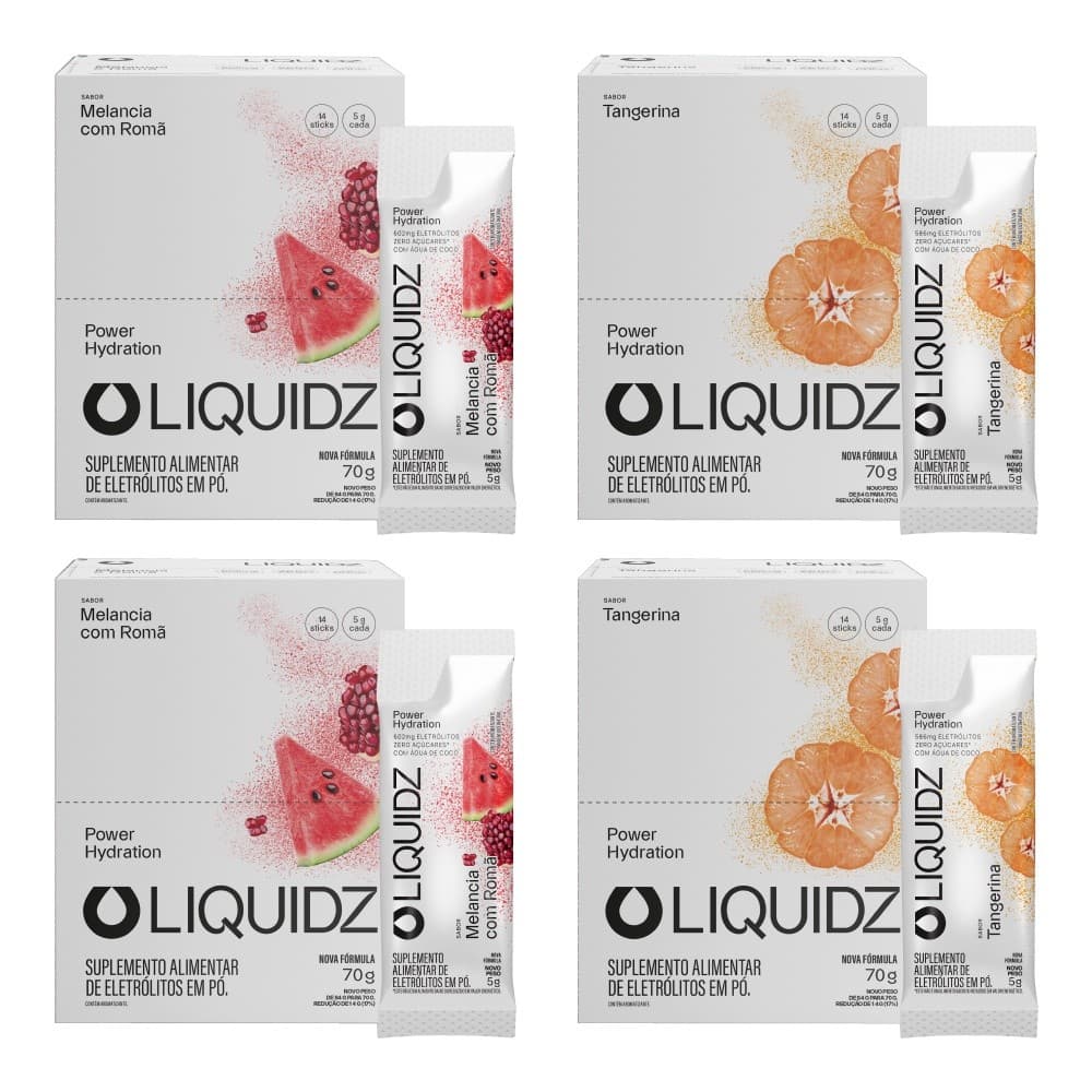 LIQUIDZ® - Eletrólitos Zero Açúcares - Melancia | Tangerina - Kit 4 Caixas - 56 sachês