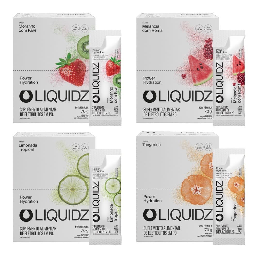LIQUIDZ® - Eletrólitos Zero Açúcares - 4 Sabores - Kit 4 Caixas - 56 sachês