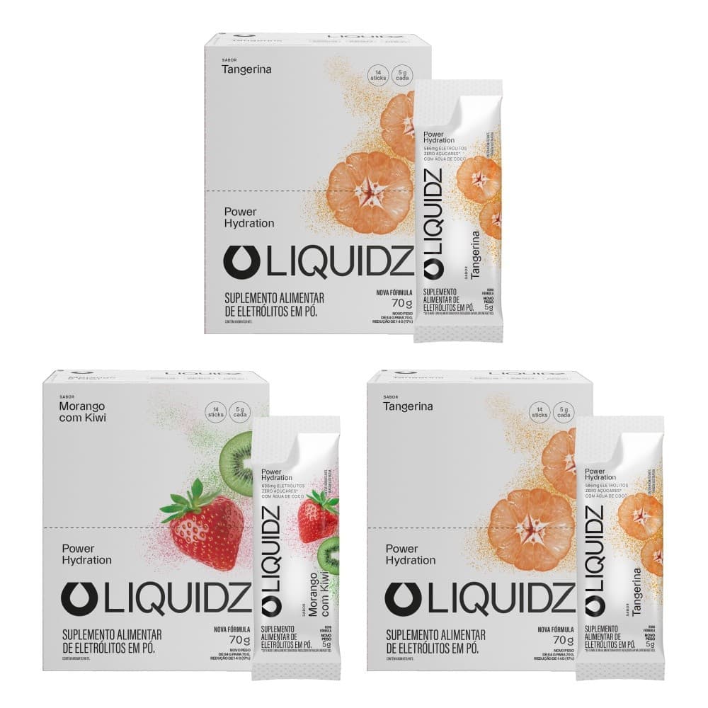 LIQUIDZ® - Eletrólitos Zero Açúcares - Morango|Tangerina - Kit 3 Caixas - 42 sachês