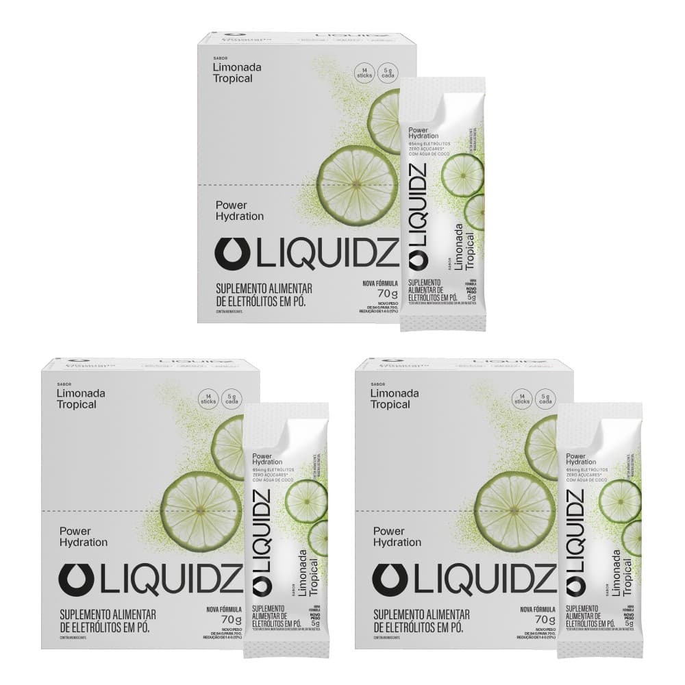 LIQUIDZ® - Eletrólitos Zero Açúcares - Limonada Tropical - Kit 3 Caixas - 42 sachês