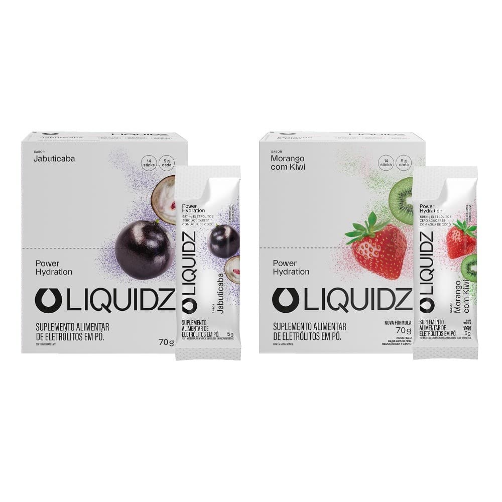 LIQUIDZ® - Eletrólitos Zero Açúcares - Jabuticaba | Morango - Kit 2 Caixas - 28 sachês