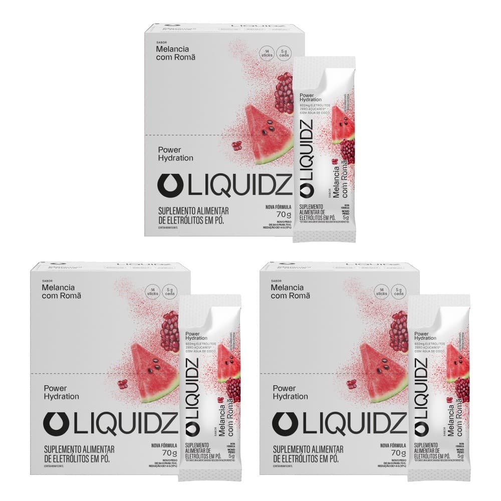 LIQUIDZ® - Eletrólitos Zero Açúcares - Melancia com Romã - Kit 3 Caixas - 42 sachês