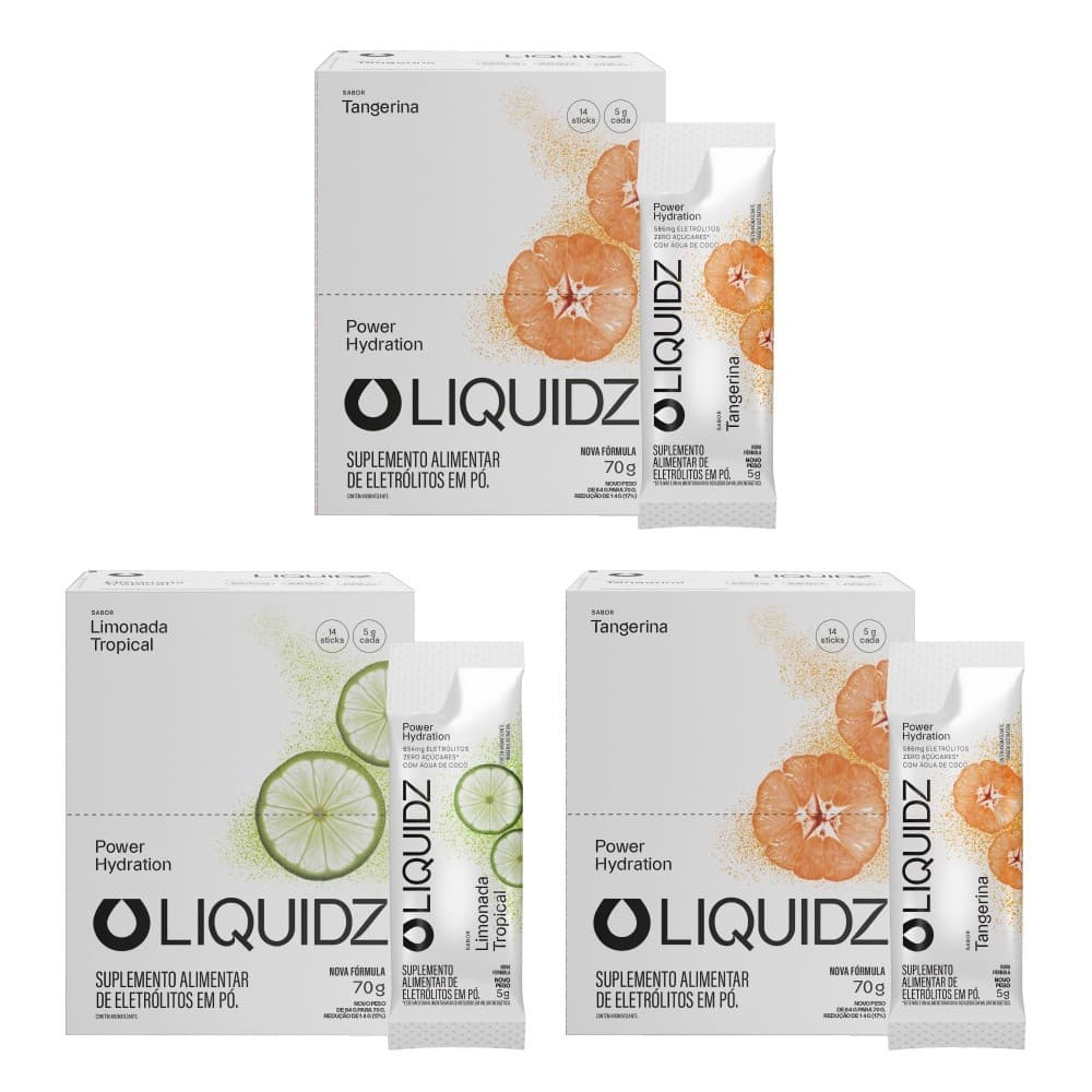 LIQUIDZ® - Eletrólitos Zero Açúcares -  Tangerina | Limonada - Kit 3 Caixas - 42 sachês
