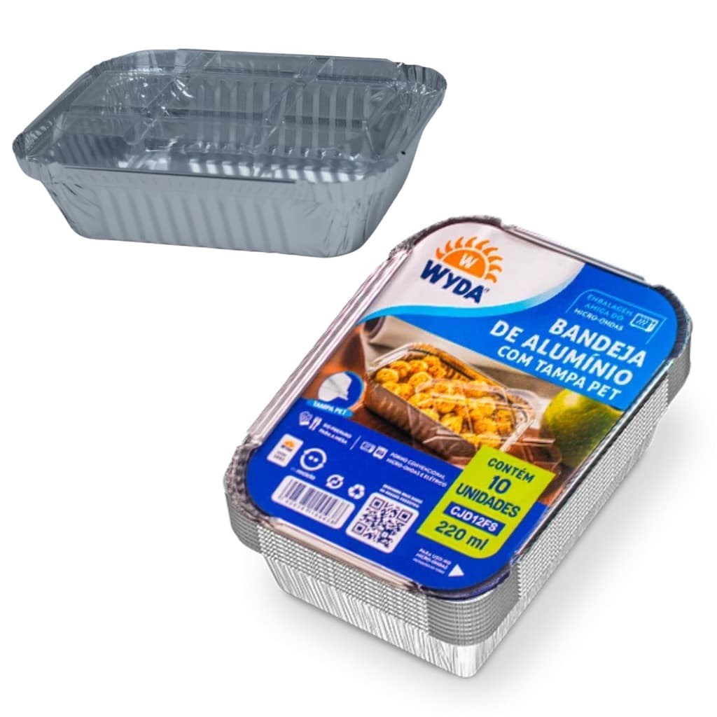 100Un Bandeja Marmita Alumínio 220ml Com Tampa Pet Retangular D12FS Marmitinha Fitness - Wyda