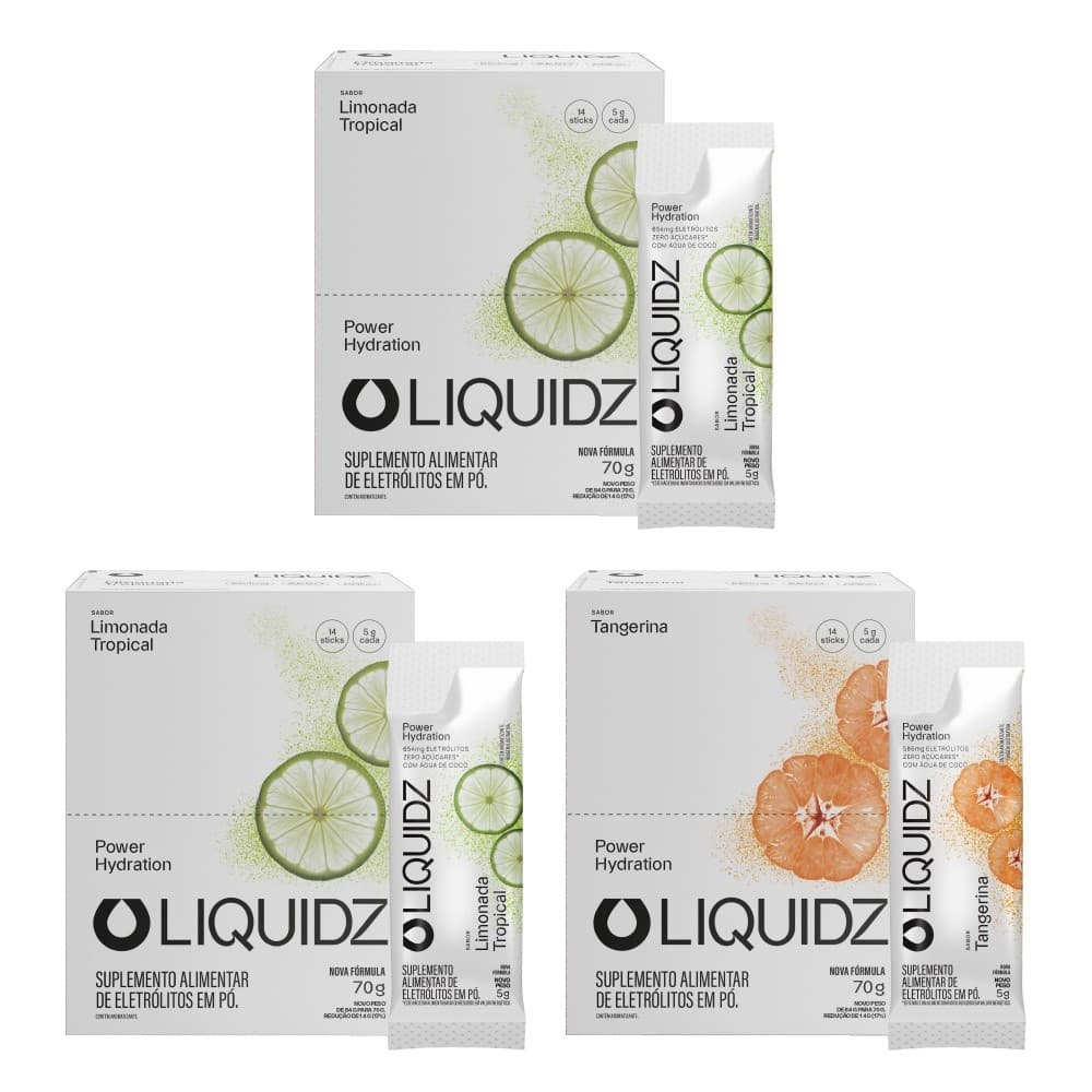 LIQUIDZ® - Eletrólitos Zero Açúcares - Limonada | Tangerina - Kit 3 Caixas - 42 sachês