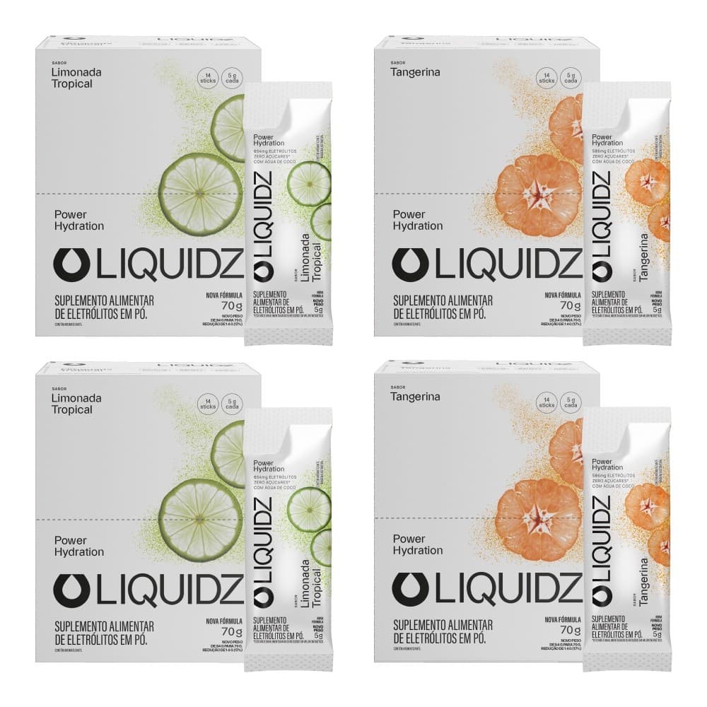 LIQUIDZ® - Eletrólitos Zero Açúcares - Limonada e Tangerina - Kit 4 Caixas - 56 sachês