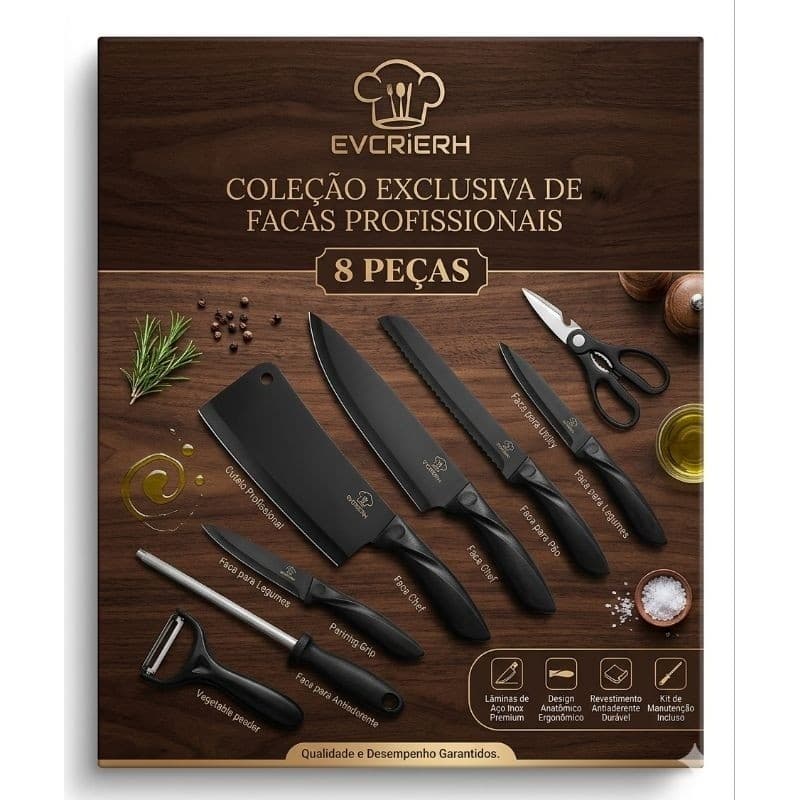 Kit Churrasco 8 Peças Profissional Aço Inox Faca Chef Cutelo Tesoura Afiador Conjunto Completo Cozinha presente pais