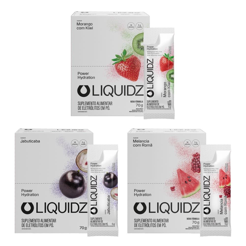 LIQUIDZ® - Eletrólitos Zero Açúcares - 3 Sabores - Kit 3 Caixas - 42 sachês