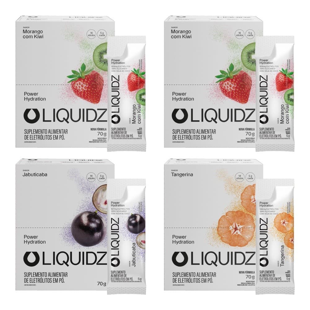 LIQUIDZ® - Eletrólitos Zero Açúcares  3 Sabores com Kit 4 Caixas - 56 sachês