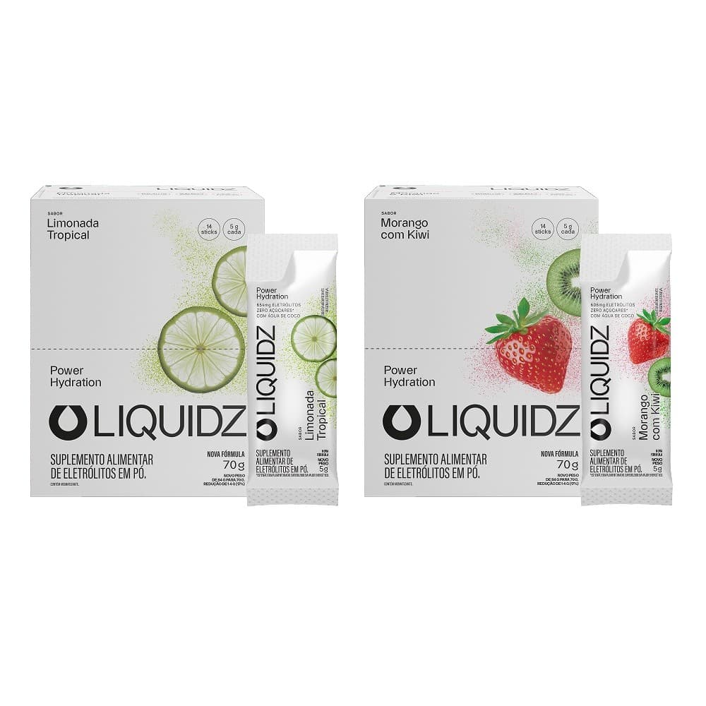 LIQUIDZ® - Eletrólitos Zero Açúcares - Limonada | Morango - Kit 2 Caixas - 28 sachês