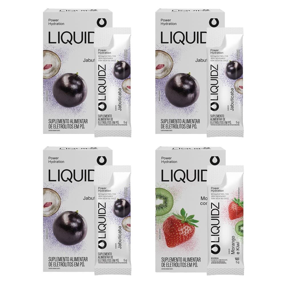 LIQUIDZ® - Eletrólitos Zero Açúcares - Jabuticaba | Morango - Kit 4 Caixas - 24 sachês