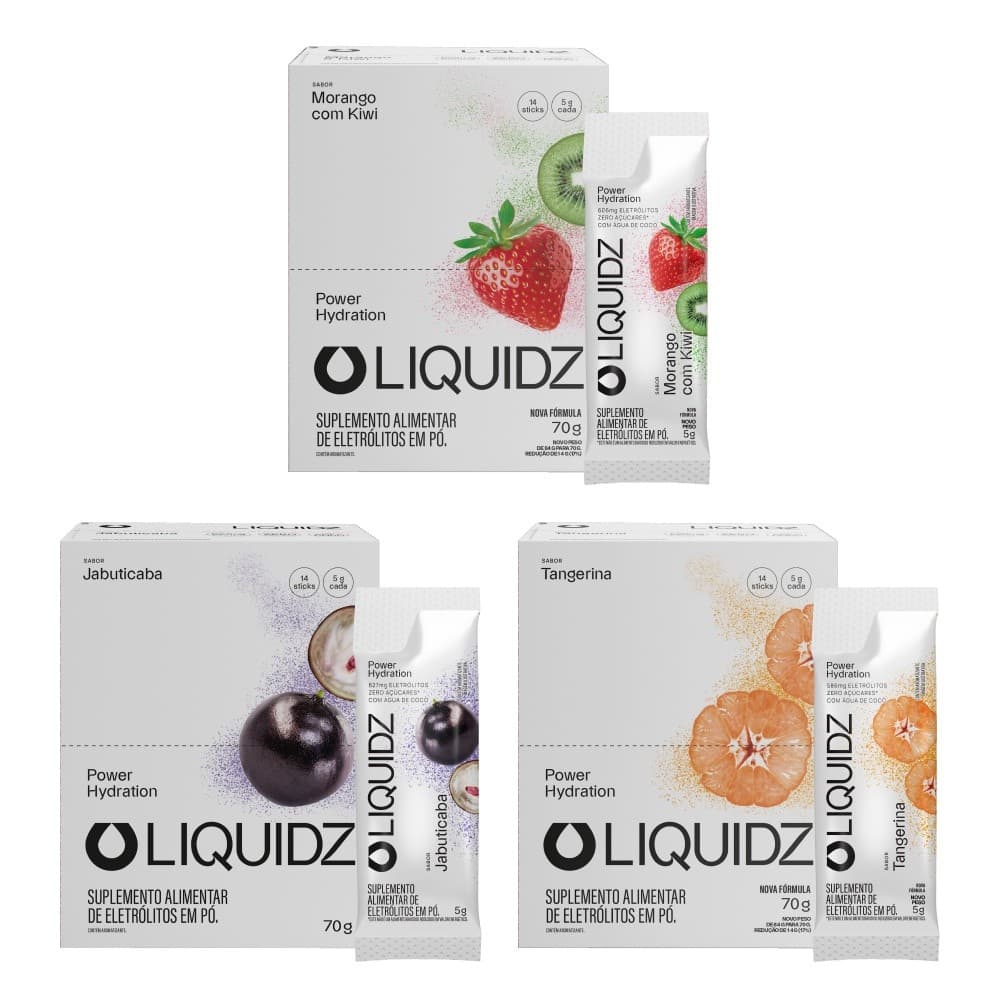 LIQUIDZ® - Eletrólitos Zero Açúcares - 3 Sabores - Kit 3 Caixas - 42 sachês