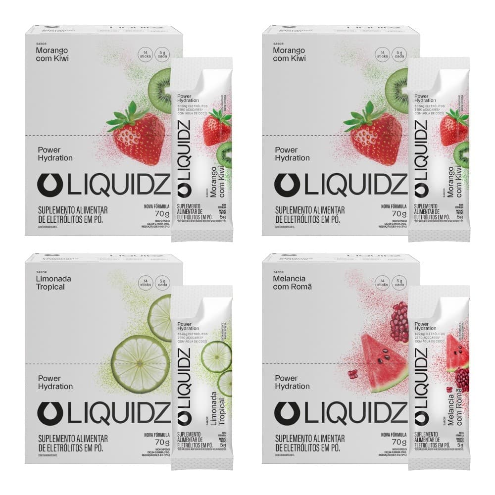 LIQUIDZ® - Eletrólitos Zero Açúcares - 3 Sabores - Kit 4 Caixas - 56 sachês