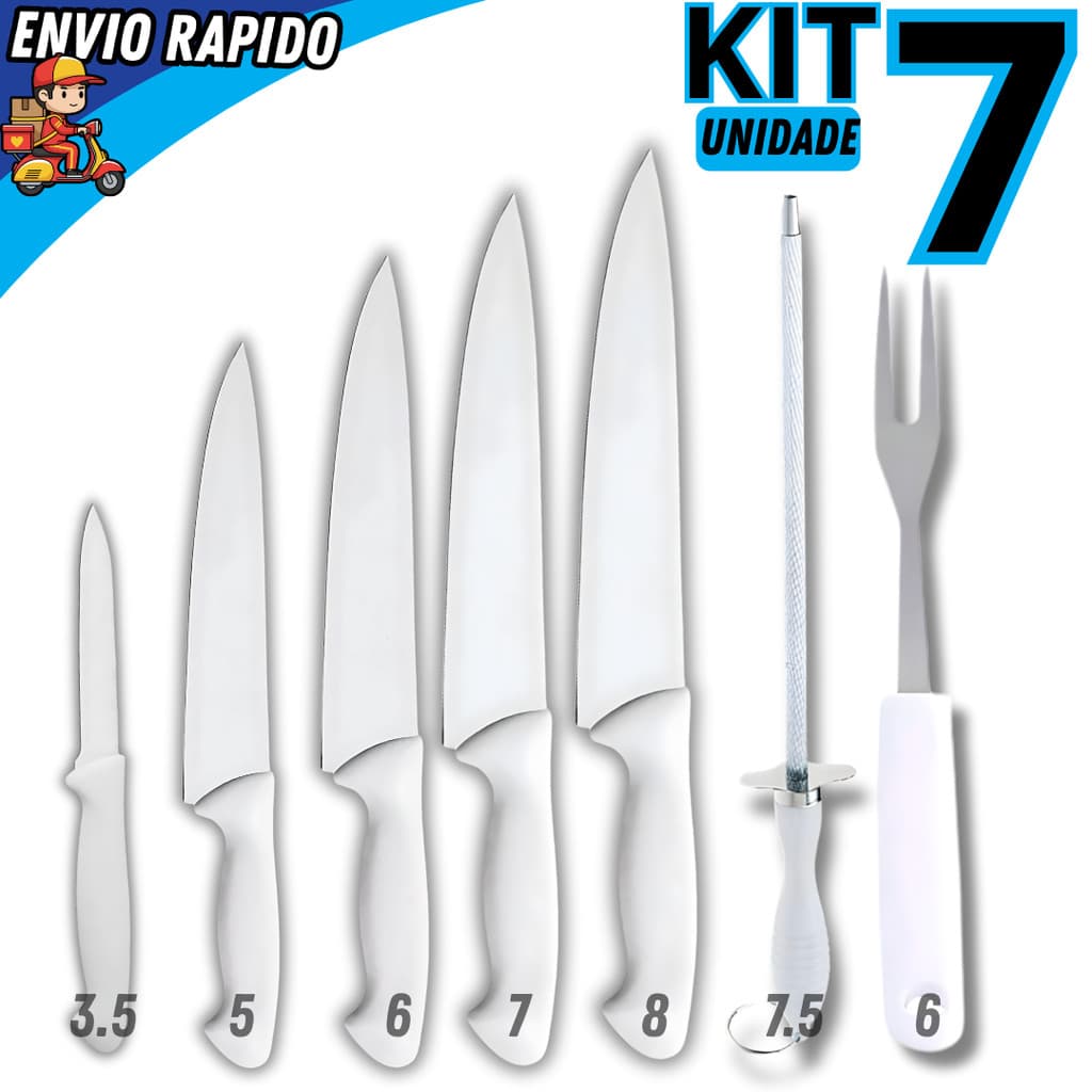 Kit 7 Peças Facas Inox 3.5 ao 8 com Chaira e Garfo Churrasco Corte Preciso Cozinha Profissional