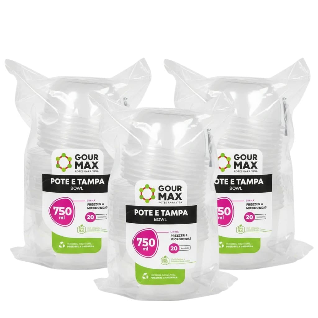 Kit Potes Bowl Descartáveis 750ml 60un Freezer e Microondas Resistente Prático Para Alimentos Marmitas Delivery Cozinha