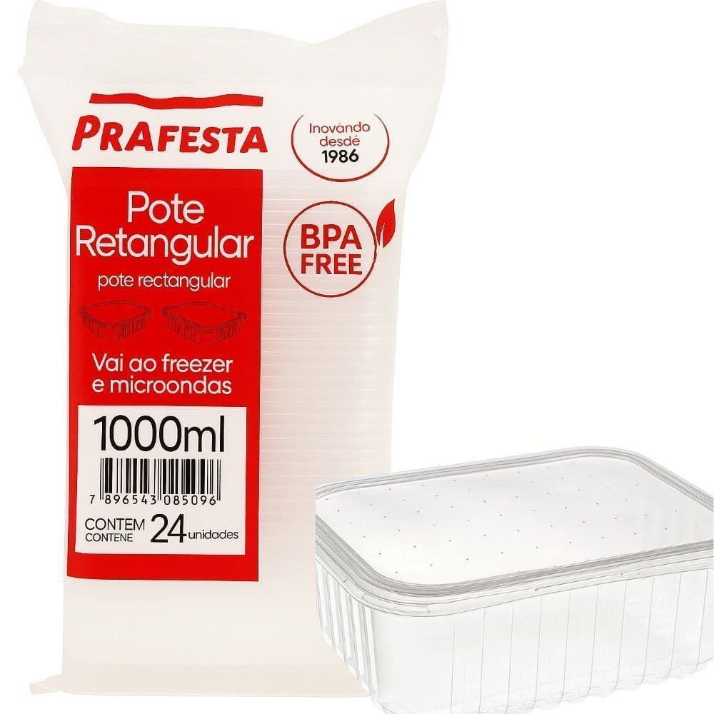 POTE RETANGULAR 1000ML PRAFESTA 24UNID – POTE PLÁSTICO DESCARTÁVEL PARA ALIMENTOS, FESTAS E DELIVERY