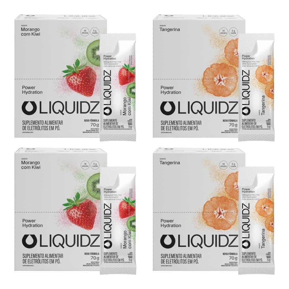 LIQUIDZ® - Eletrólitos Zero Açúcares - Morango e Tangerina - Kit 4 Caixas - 56 sachês